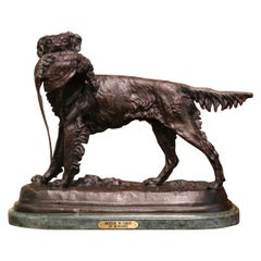 19th Century French Spelter Hunting Dog and Bird on Marble Base Signed Moigniez