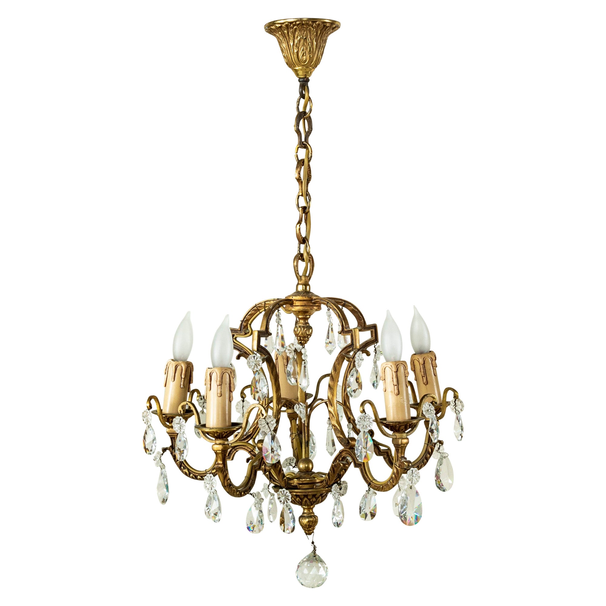 Mid-20th Century French Bronze and Strass Crystal Chandelier For Sale