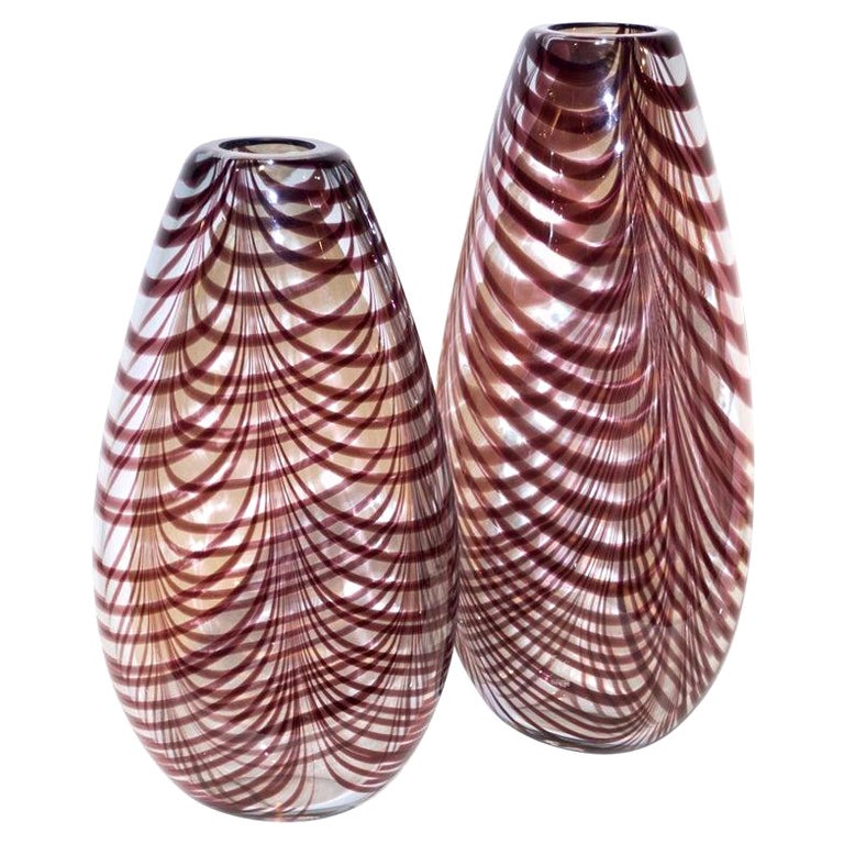 Formia 1970s Two Feather Decorated Purple Brown Crystal Murano Art Glass Vases For Sale