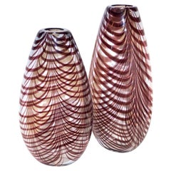 Formia 1970s Two Feather Decorated Purple Brown Crystal Murano Art Glass Vases