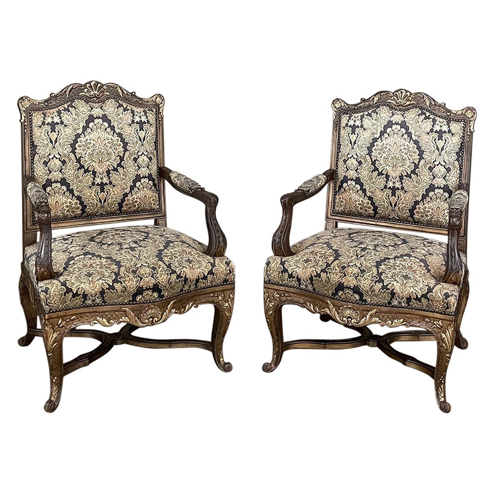 Pair Antique French Louis XIV Hand-Carved Armchairs For Sale