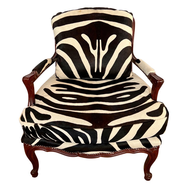 Baker Furniture Mahogany Bergere Chair Newly Upholstered in Calfskin Zebra Print For Sale