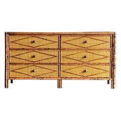 Vintage British Colonial Style Burnt Bamboo and Rattan Lowboy Dresser