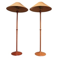 Pair of Studio Craft Sculptural Cherry Wood and Brass Floor Lamps with Shades