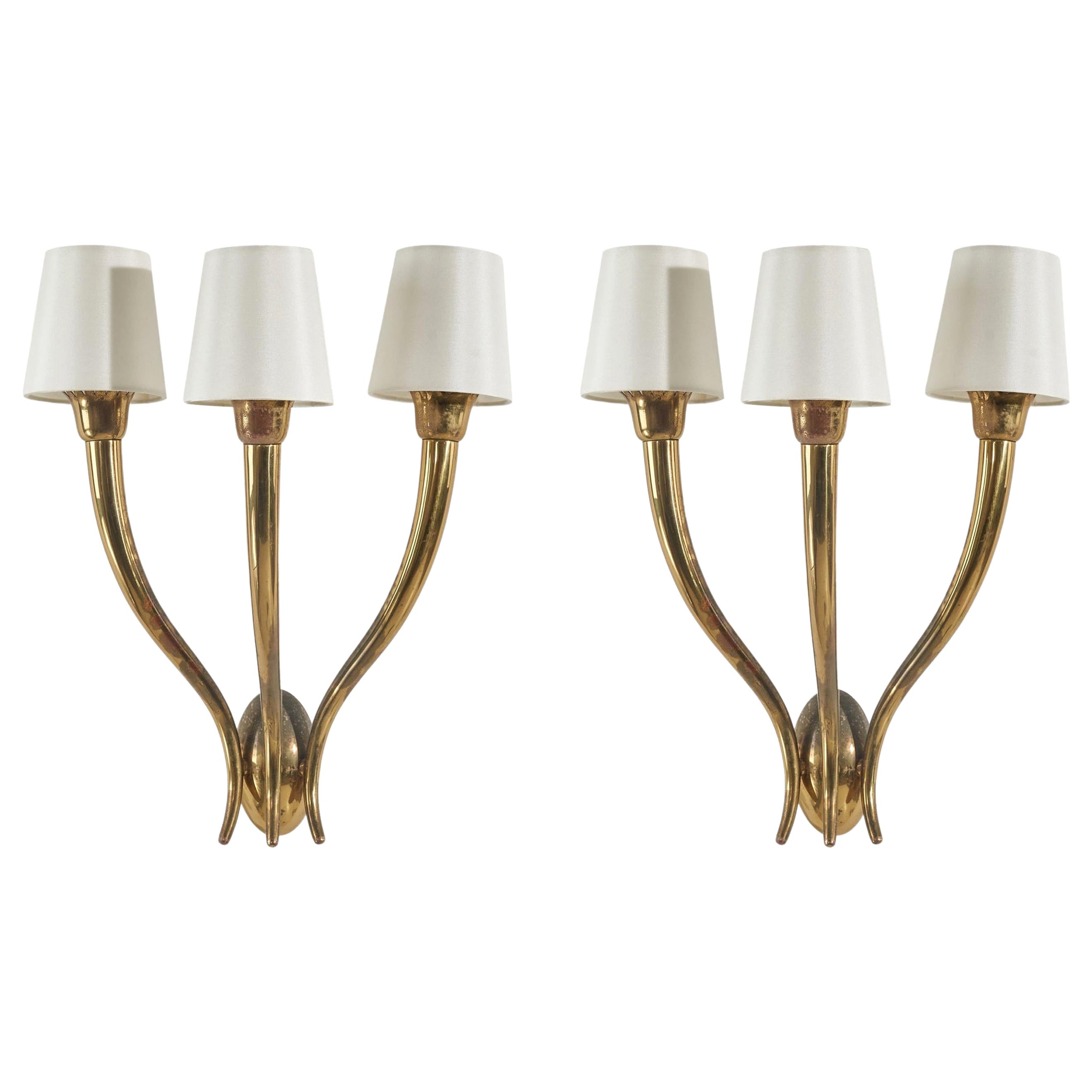 Guglielmo Ulrich Attribution, Sconces, Brass, Silk, Italy, 1940s For Sale