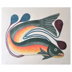 Kenojuak Ashevak Signed "Beautiful Fish" Inuit Stone Cut & Stencil Print 40 / 50