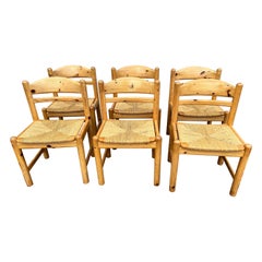Set of 6 Danish Knotty Pine Dining Chairs with Rush Seats, circa 1970s