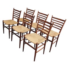 Set of Six Vintage Italian Walnut and Rush Ladder-Back Dining Chairs