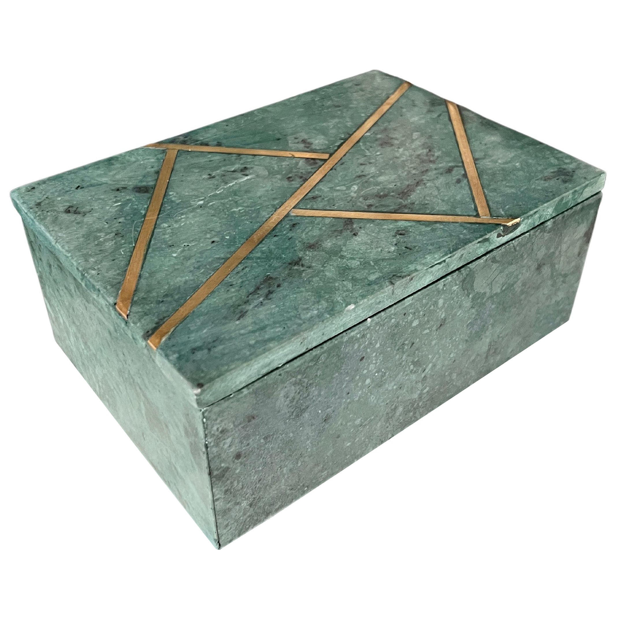 Decorative Box in Verde Guatemala Marble with Brass Inlays