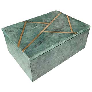 Pair of Mosaic Green Penshell Boxes with Brass Accents by Maitland ...