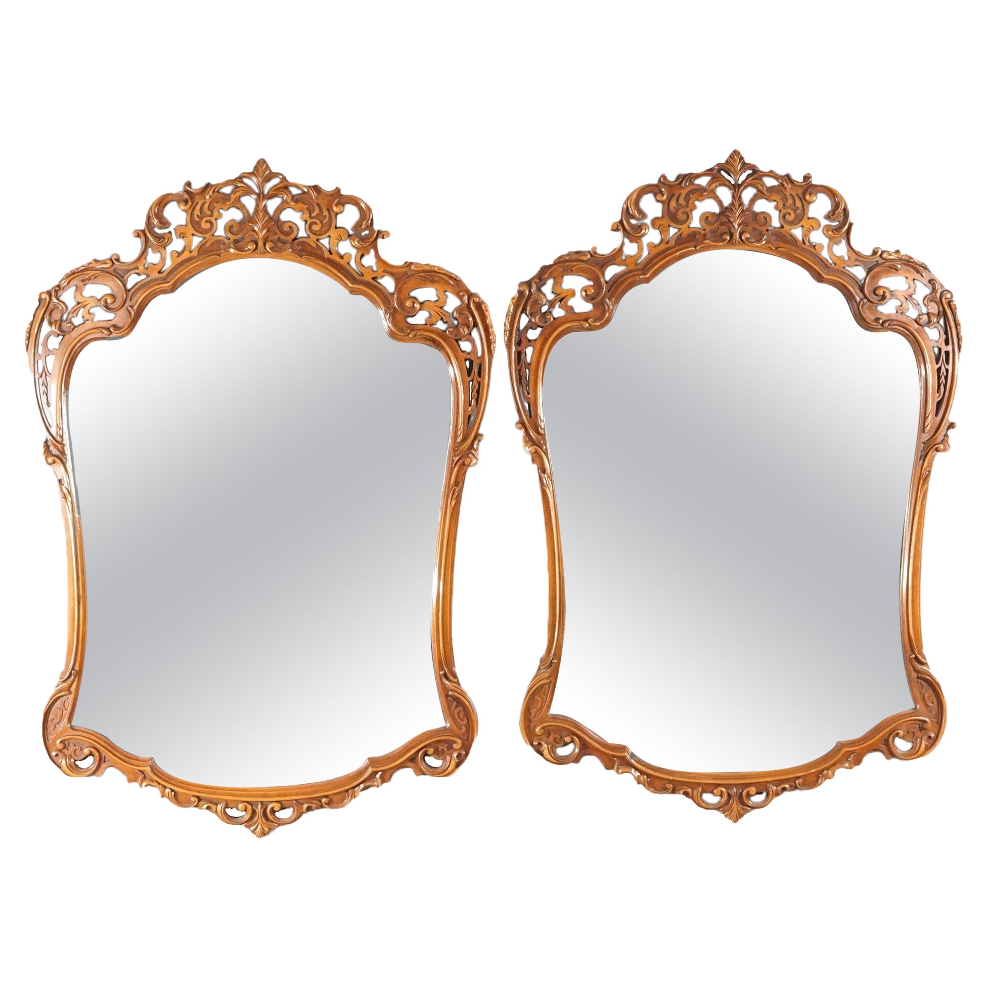 Antique Pair of French Louis XIV Style Carved Mahogany Mirrors, circa 1930 For Sale