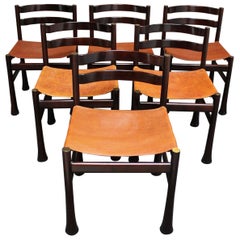 Vintage Set of Six Italian Modern Rosewood and Leather Dining Chairs by Luciano Frigerio