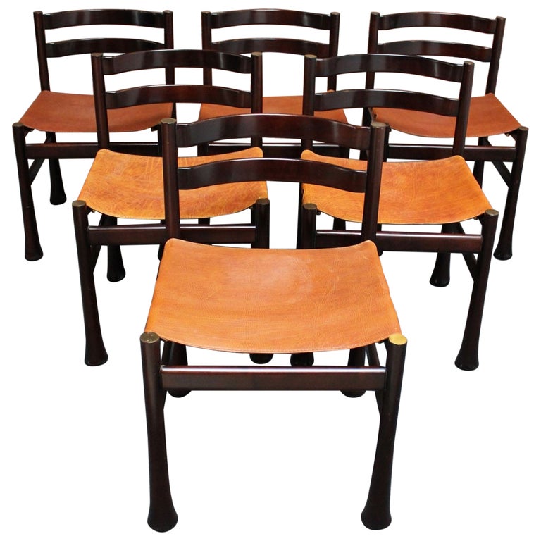 Set of Six Italian Modern Rosewood and Leather Dining Chairs by Luciano