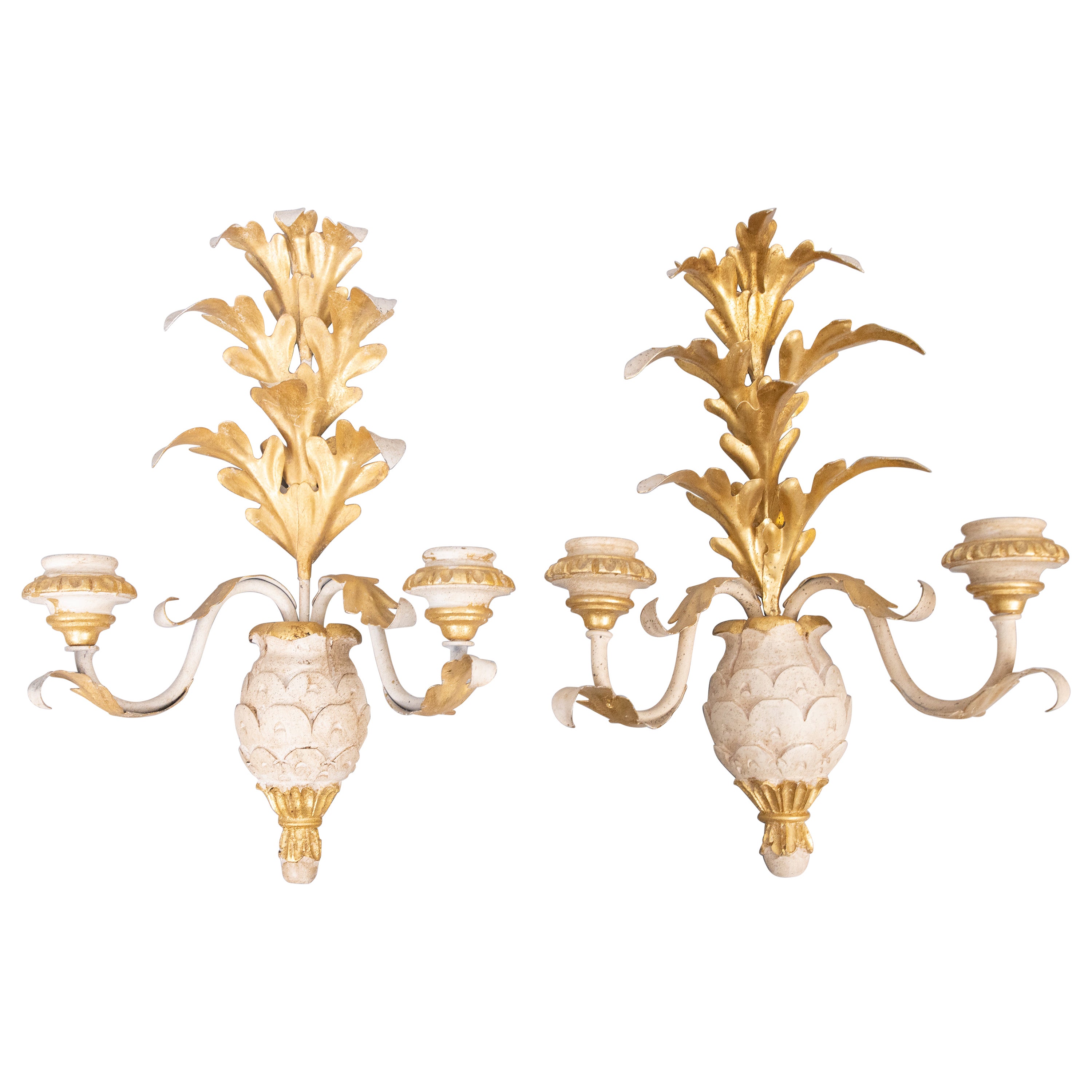 Pair of Mid-20th Century Italian Giltwood & Tole Pineapple Candle Sconces