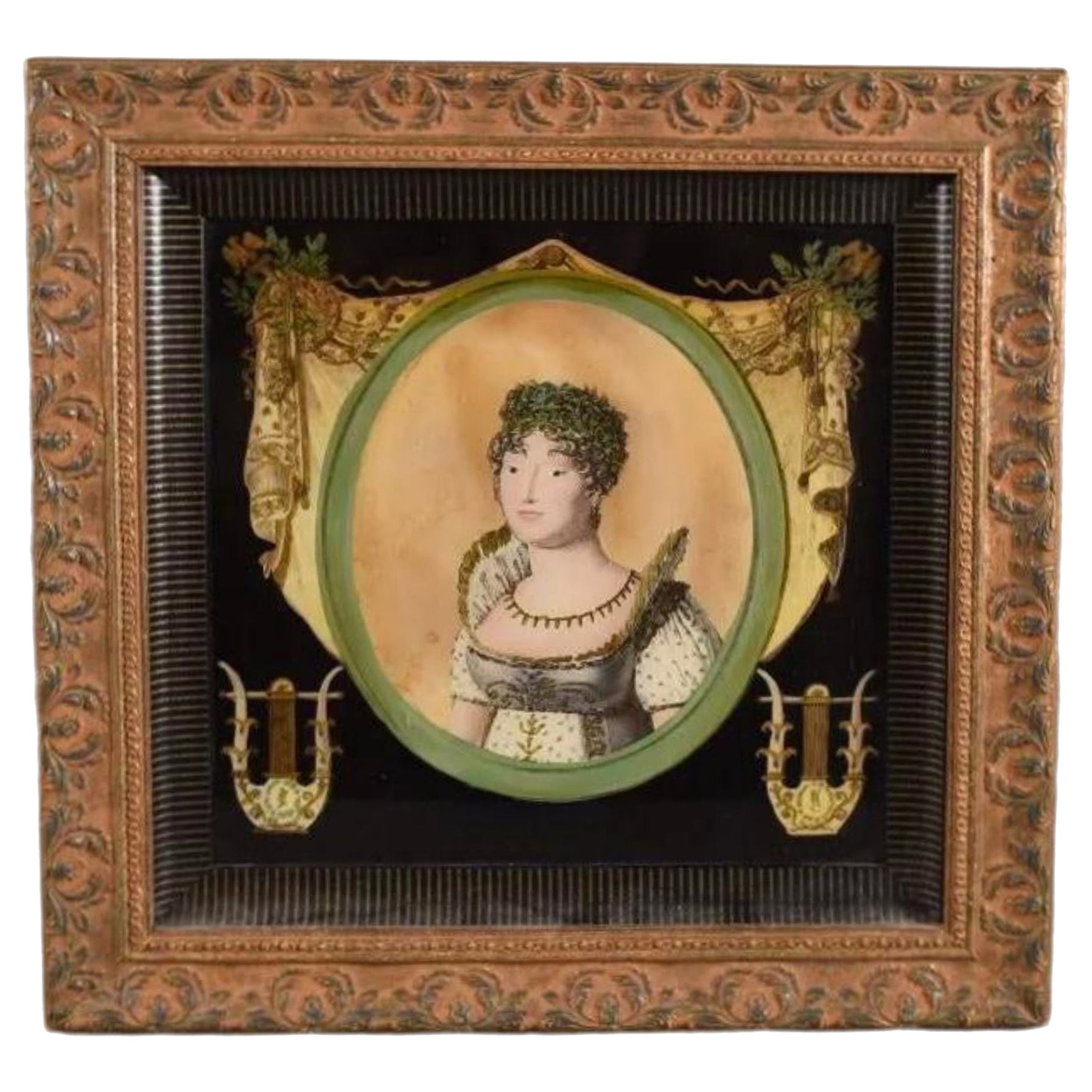 Antique French Eglomise Reverse Portrait Painting on Glass