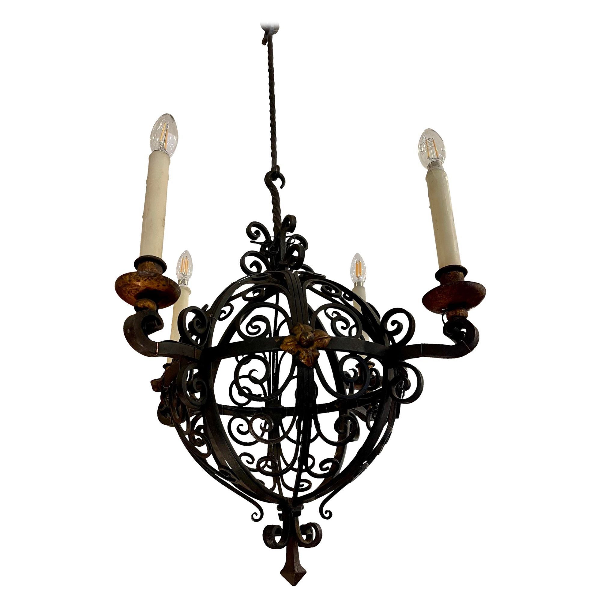 Antique 1920s Spanish Colonial Wrought Iron Chandelier