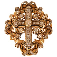 Certified Gold Diamond Renaissance Cross Rose Cut Diamond Enamel Vitrine Object