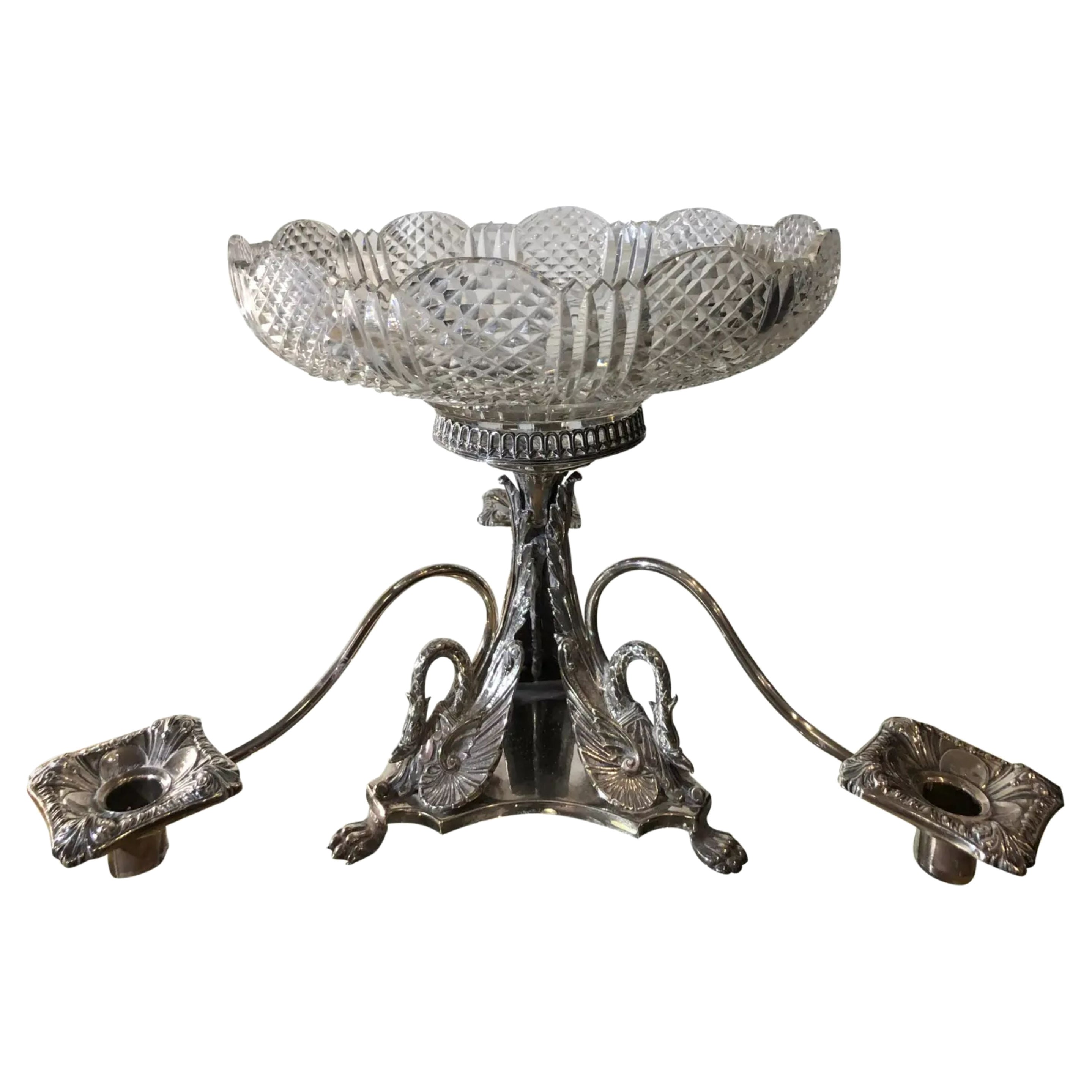 Antique English Silver Plate & Crystal Centerpiece, Mid-19th Century