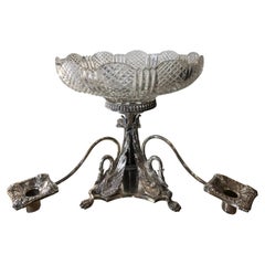 Centre de table anglais ancien en métal argenté et cristal, milieu du 19ème siècle