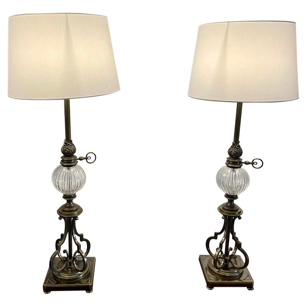 Unusual Tall Pair of Quality Brass and Glass Lamps For Sale