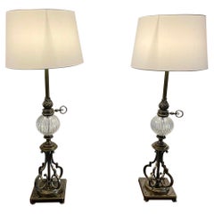 Vintage Unusual Tall Pair of Quality Brass and Glass Lamps