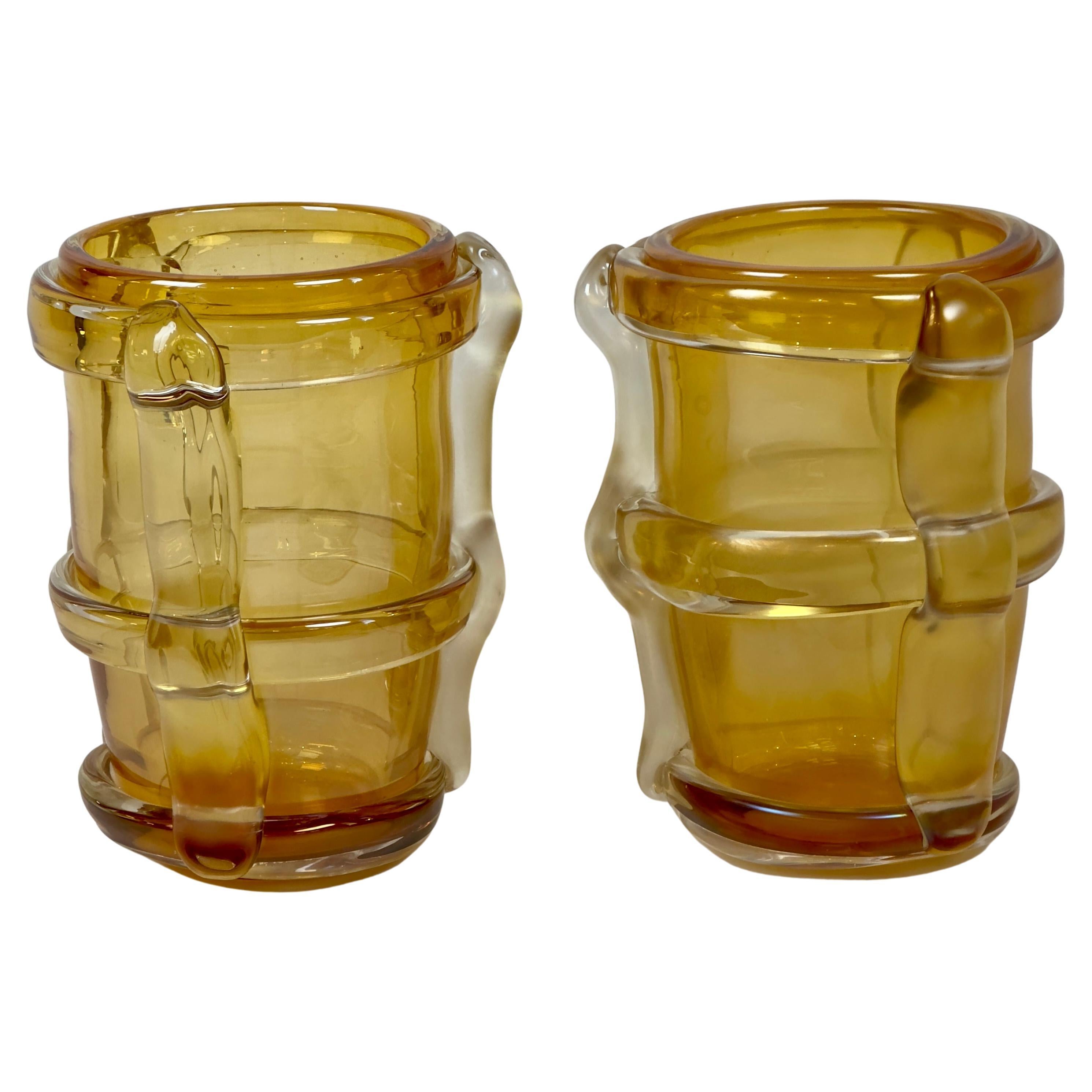 Late 20th Century Pair of Yellow Murano Art Glass Vases by Costantini For Sale