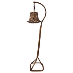 1960s Italian Bamboo Rattan Bohemian Modernist Tall Floor Lamp Hanging Lantern