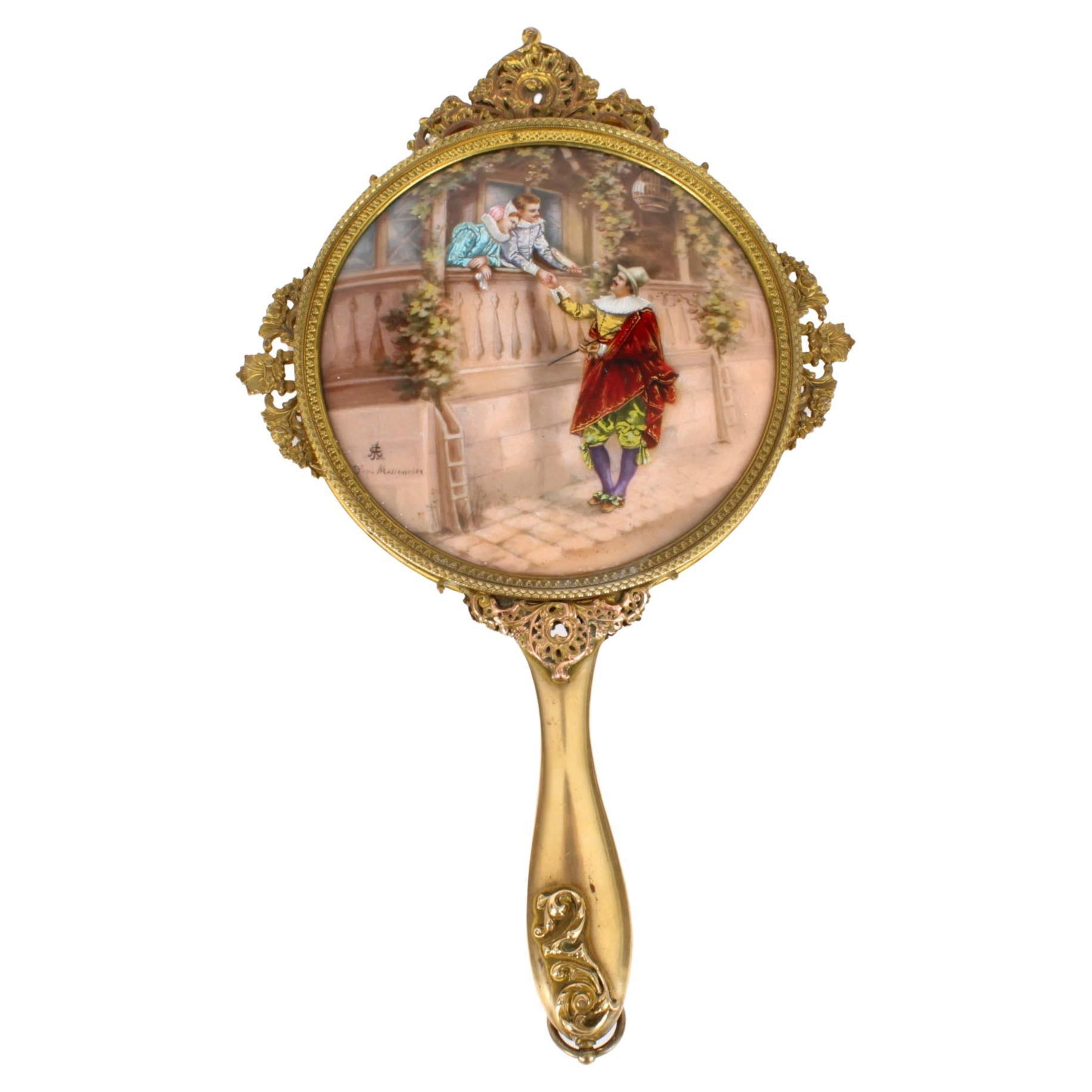 Miroir à main français ancien en ormolu de Limoges, signé Joseph Meissonnier 19ème siècle