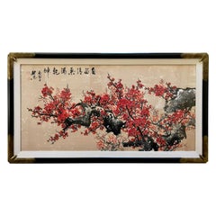 Mid-Century Japanese Framed Watercolor Painting of Dogwood Trees