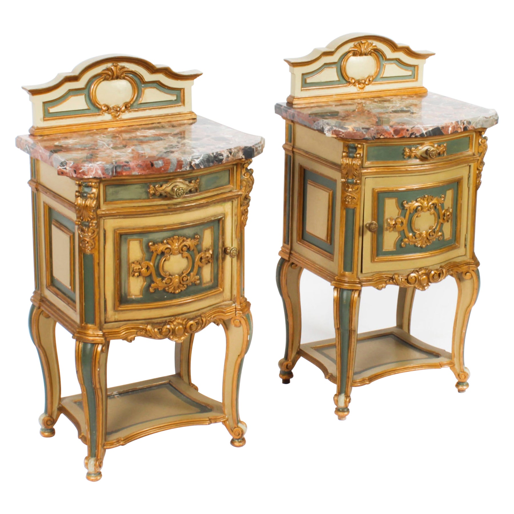 Antique Pair Italian Painted Bedside Cabinets Nightstands, Early 20th Century