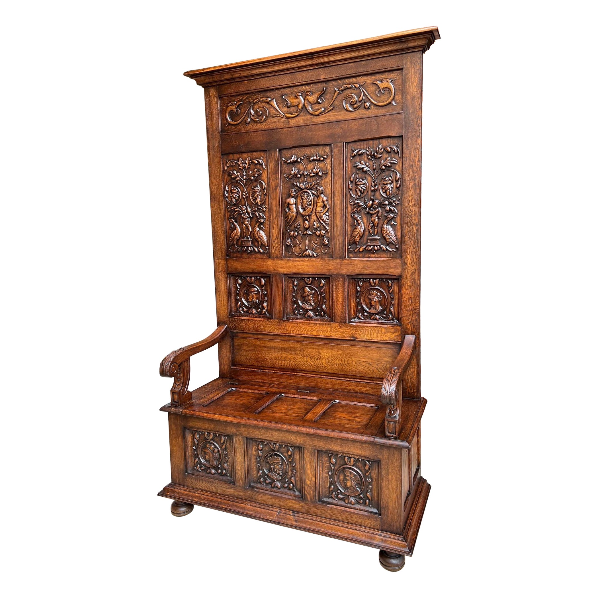 19th Century, French Hall Bench Settle Renaissance Carved Oak Breton Brittany For Sale