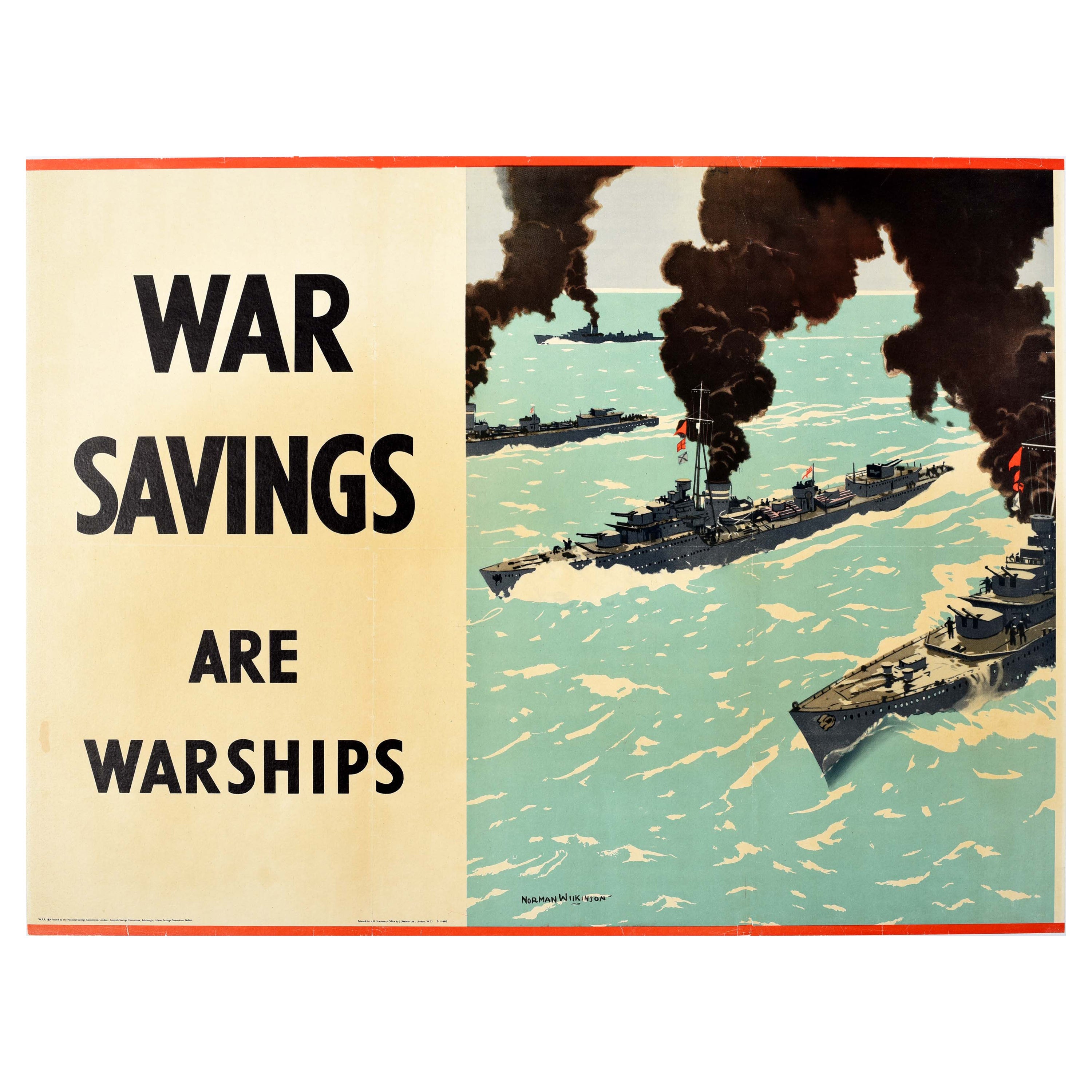 Original Vintage Poster War Savings Are Warships Norman Wilkinson WWII Navy Sea en vente