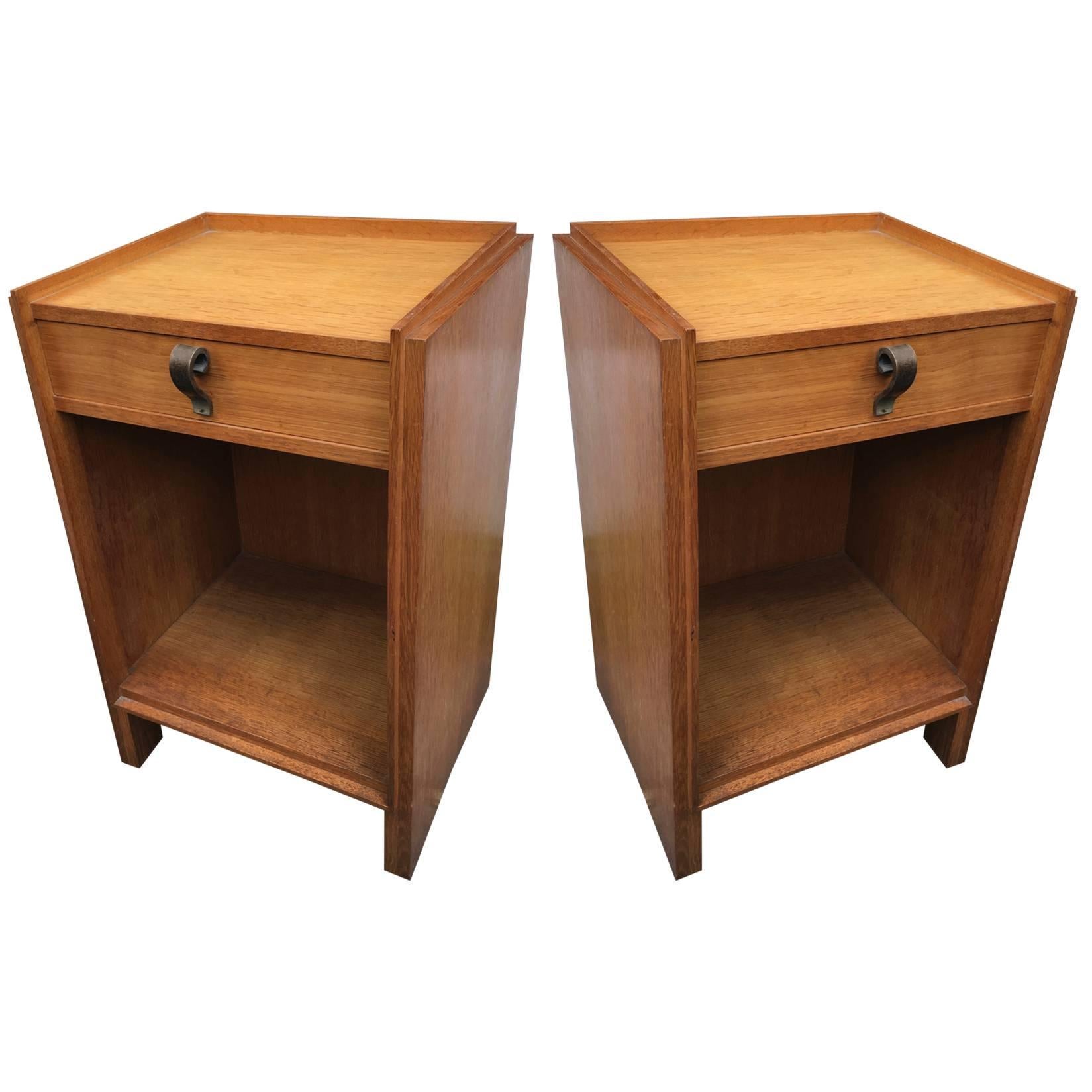 Maxime Old Pair of Oak Bedsides with Pure Design and Original Iron Handle
