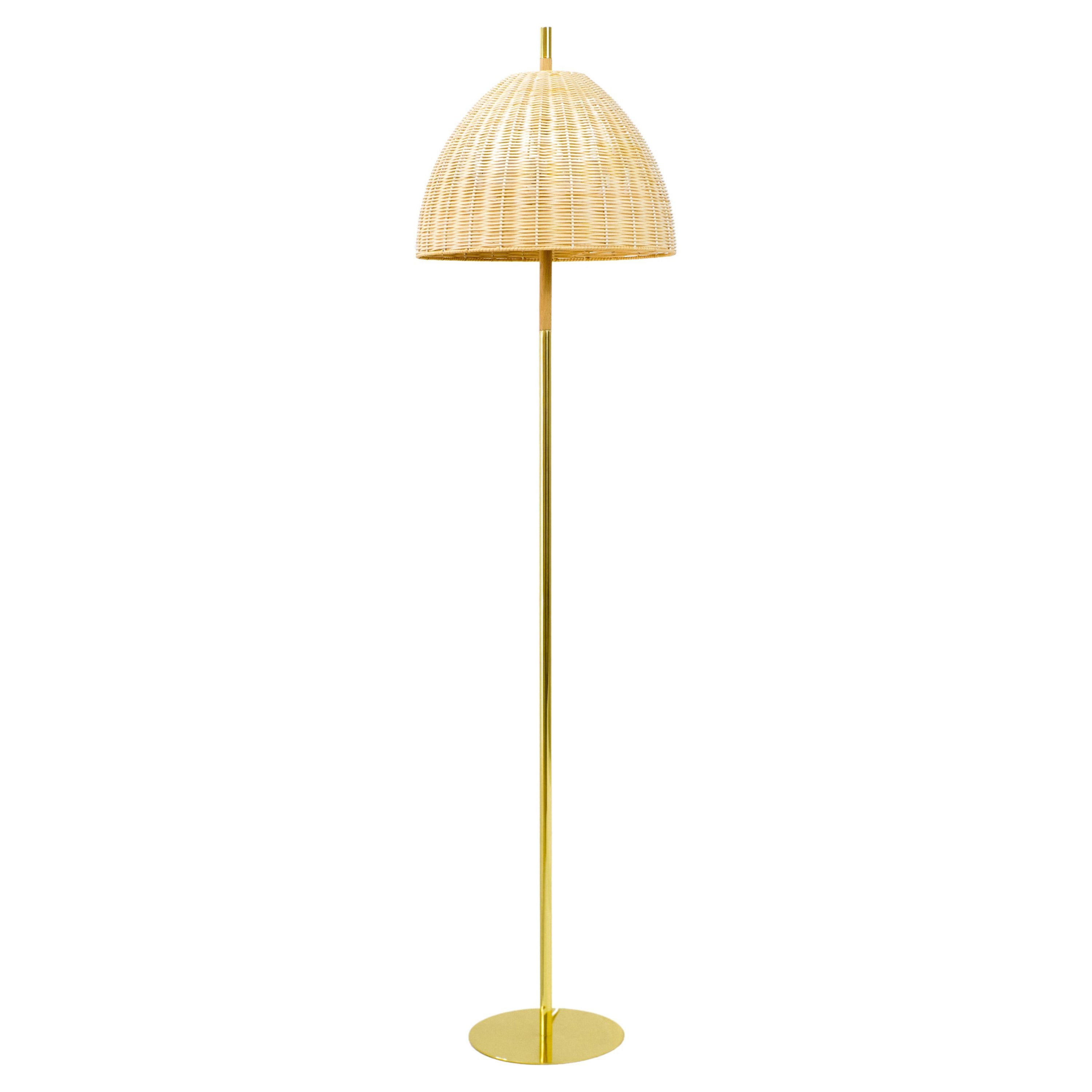 Contemporary, Handmade Floor Lamp, Natural Rattan Brass, Mediterranean Objects For Sale