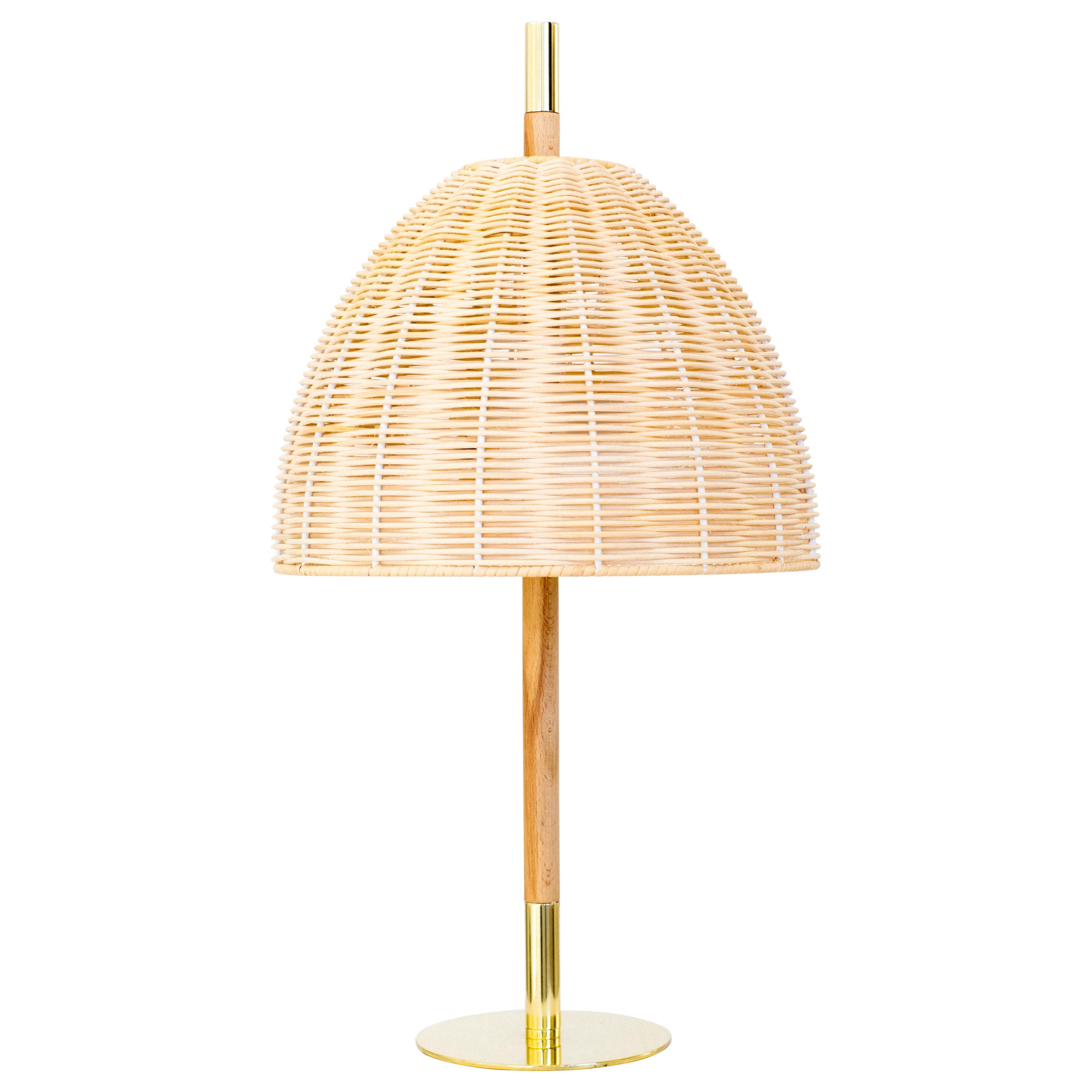 Contemporary, Handmade Table Lamp, Natural Rattan Brass, Mediterranean Objects For Sale