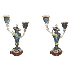French 18th C. Bloodstone with Gold Candlestick Holder Pair 