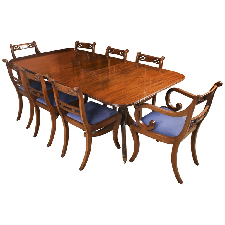 Vintage 7ft Twin Pillar Dining Table and 8 dining chairs 20th C For Sale at 1stDibs