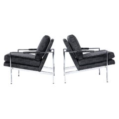 Vintage Milo Baughman Chrome Frame Lounge Chairs in Deep Charcoal Velvet