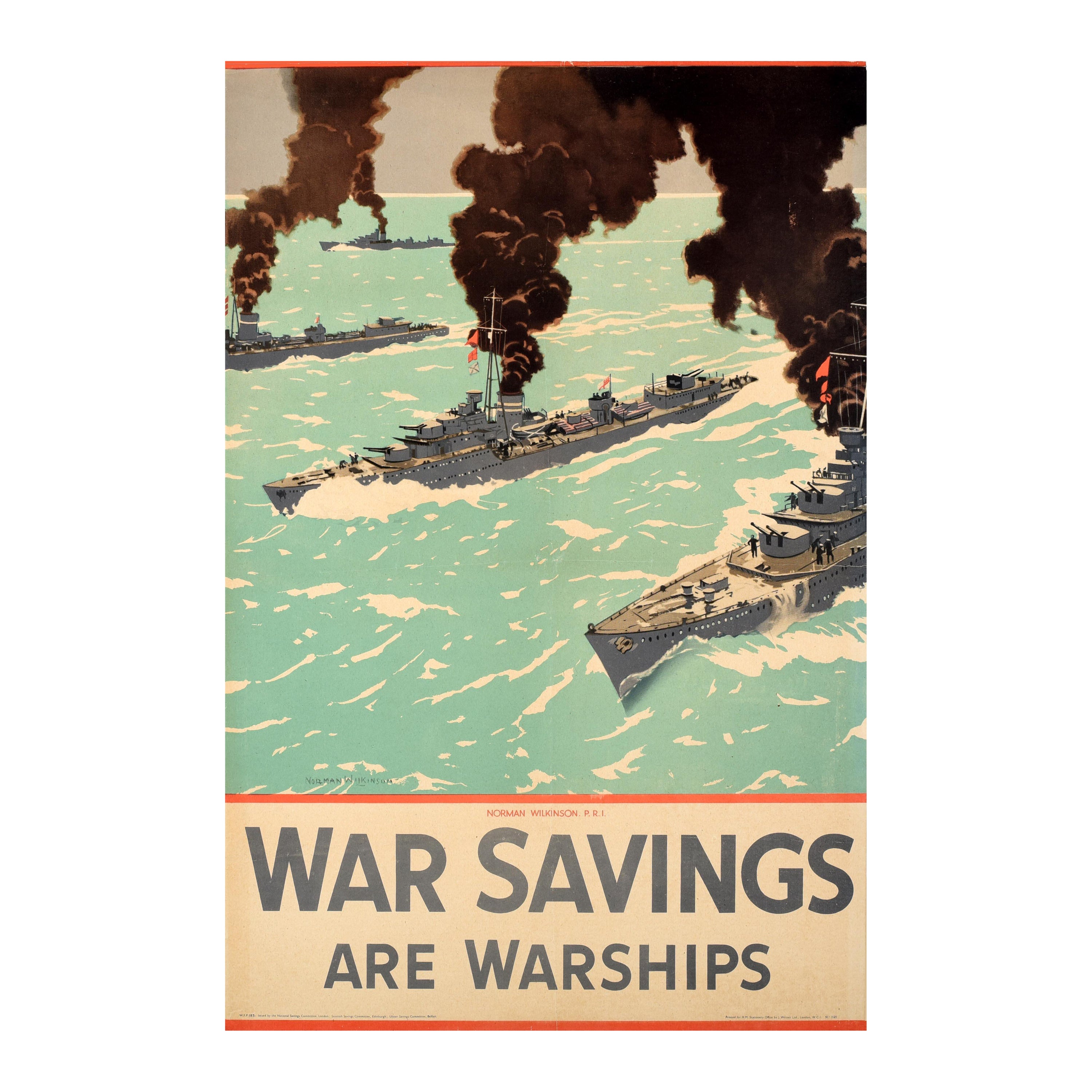 Original Vintage WWII Poster War Savings Are Warships Norman Wilkinson Navy Art For Sale
