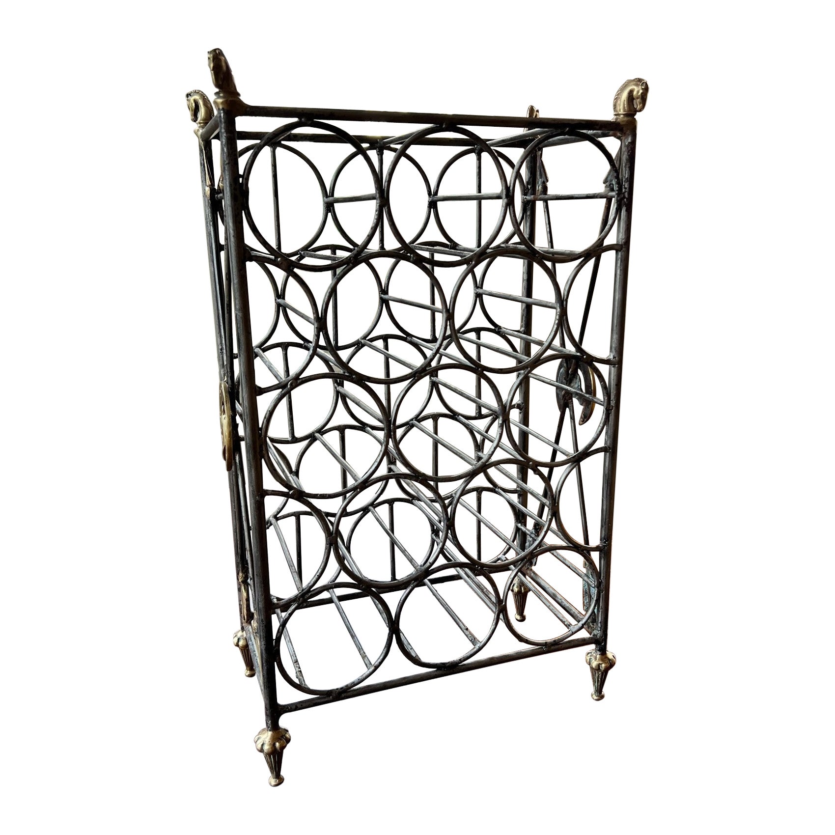 Vintage 13 Bottle Metal Wine Rack with Brass Equestrian Accents For Sale