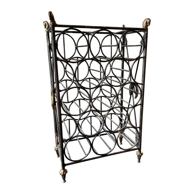 Vintage 13 Bottle Metal Wine Rack with Brass Equestrian Accents For