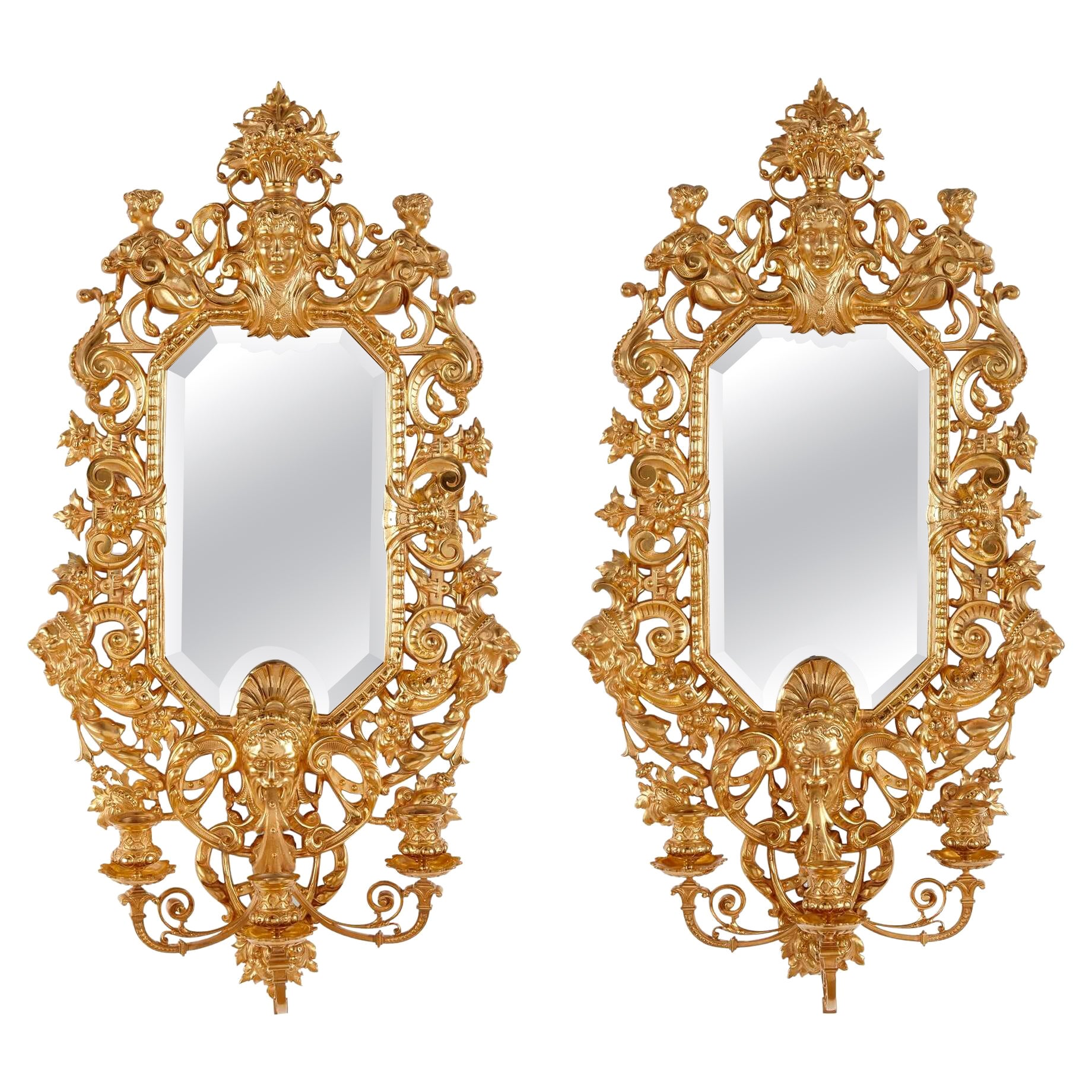 Pair of French Renaissance style Ormolu Wall Mirrors with Candelabra For Sale