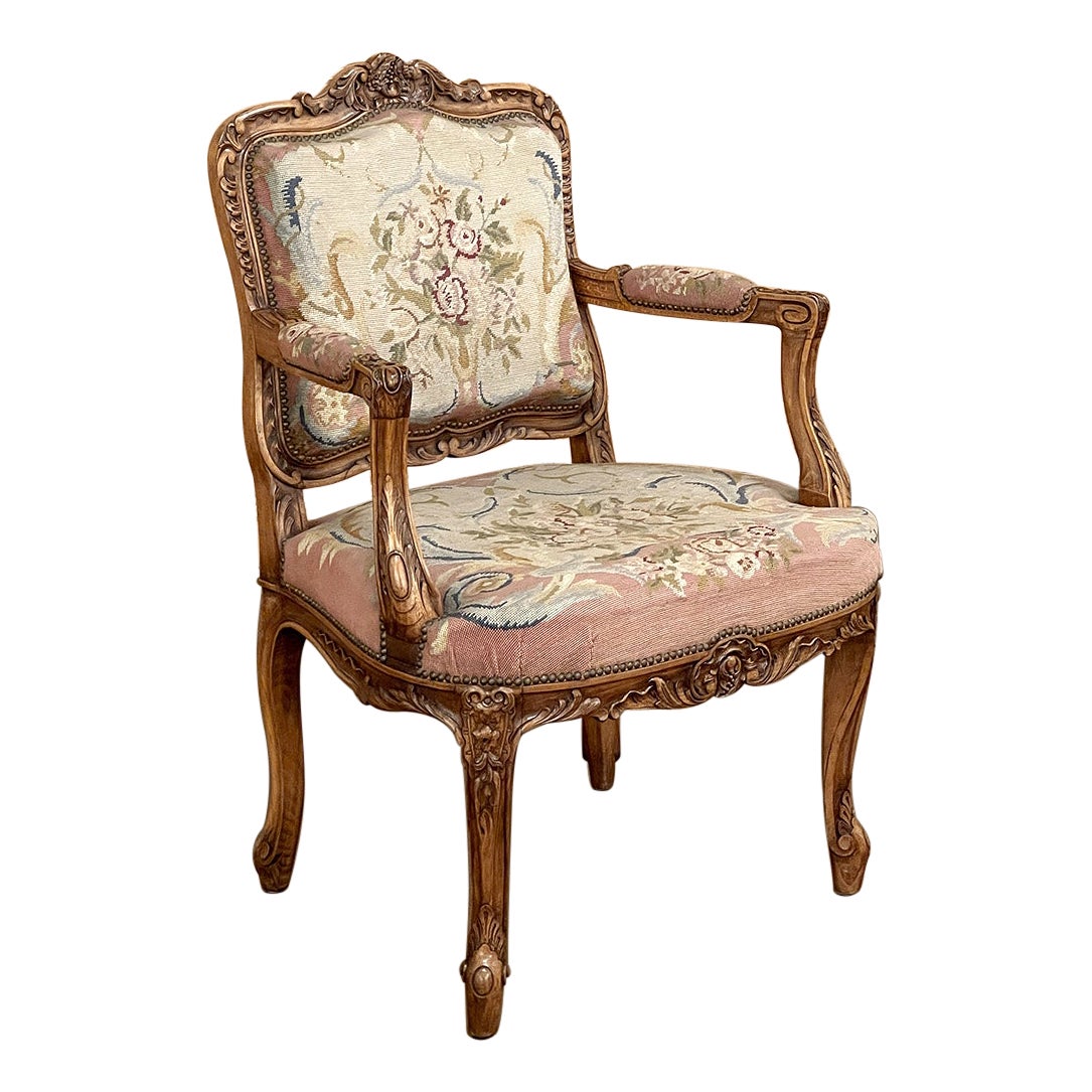 19th Century French Louis XIV Walnut Armchair with Needlepoint Tapestry For Sale