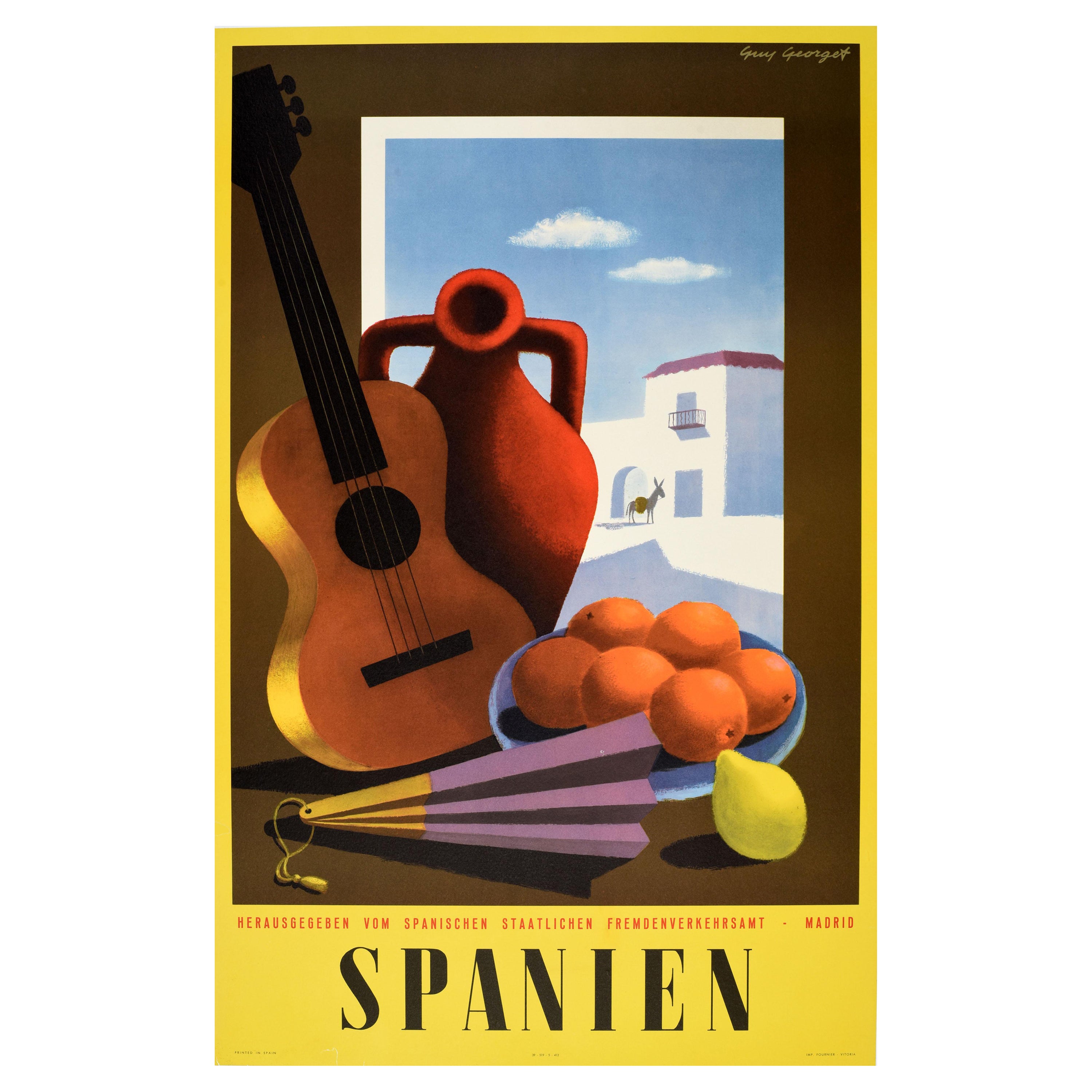 Original Vintage Travel Poster Spanish Guitar Fruit Fan Still Life Guy Georget