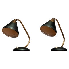 1950's Pair Perforated Black and Brass Table Lamps by Erik Wärnå for EWA Sweden