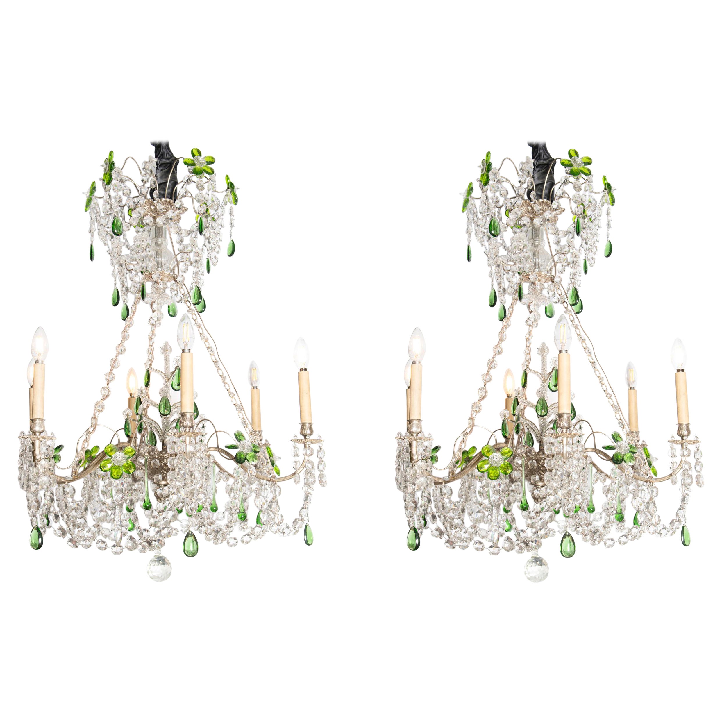 Pair of Chezh Crystal and Silver Bronze Chandeliers, England, Early 20th Century