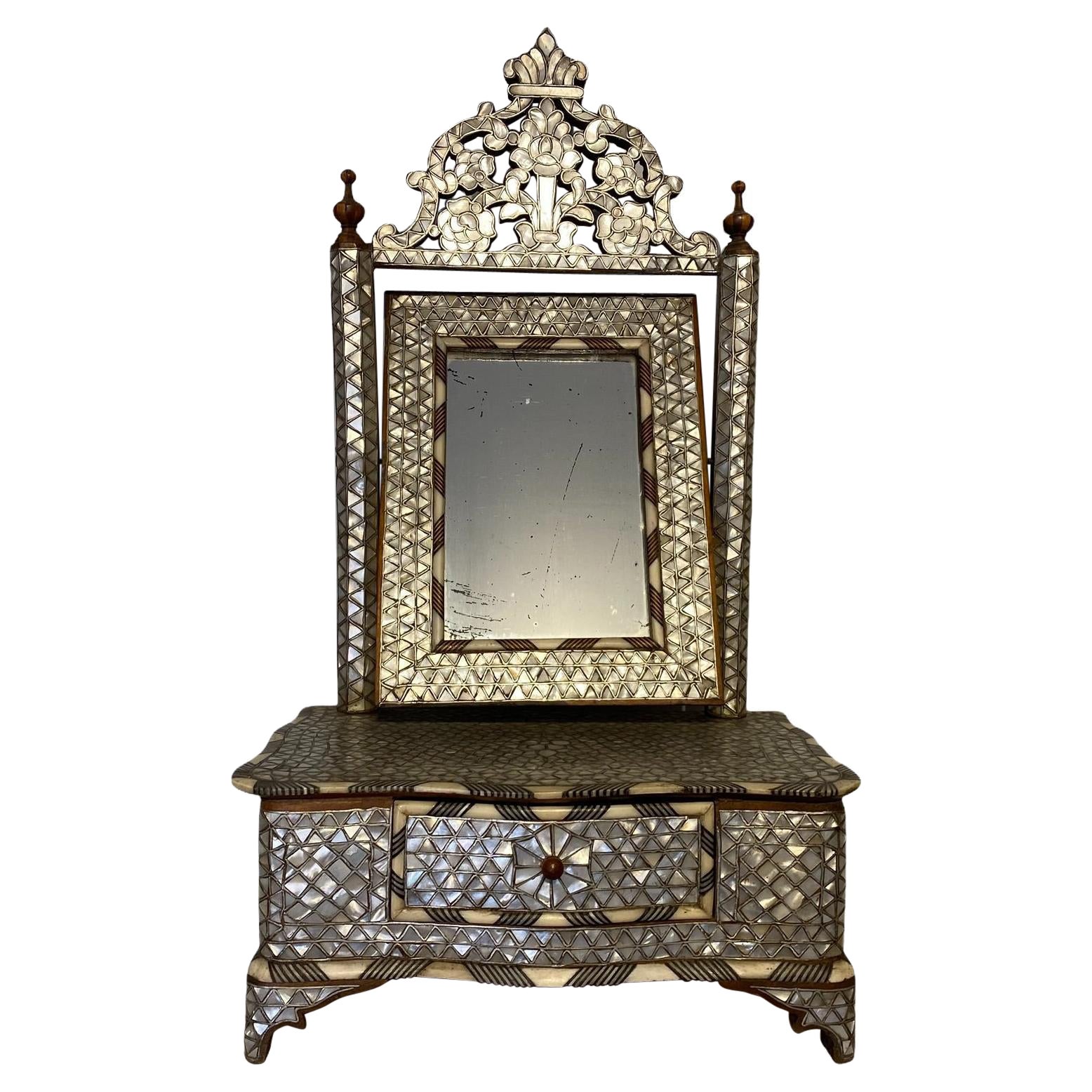 Antique Decorative Damascene Middle East Vanity Mirror and Drawer Set For Sale