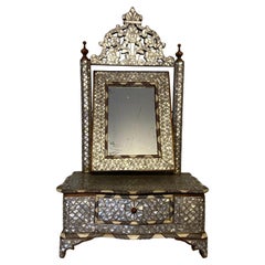 Antique Decorative Damascene Middle East Vanity Mirror and Drawer Set