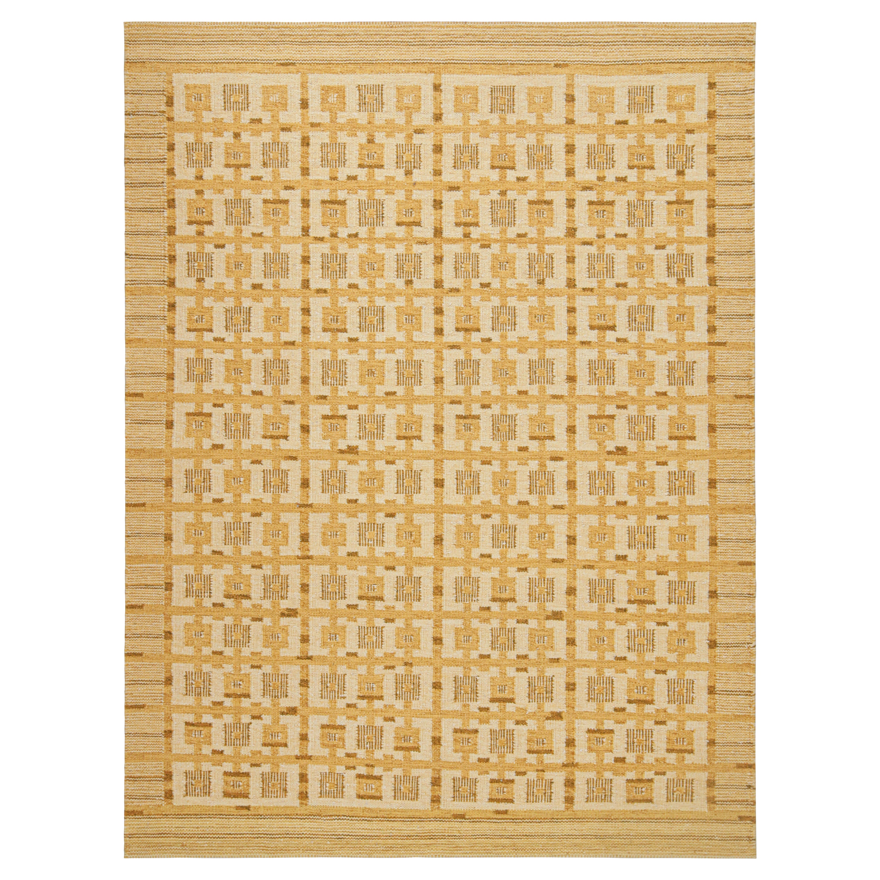 Rug & Kilim’s Scandinavian Style Kilim with Gold Geometric Pattern For Sale