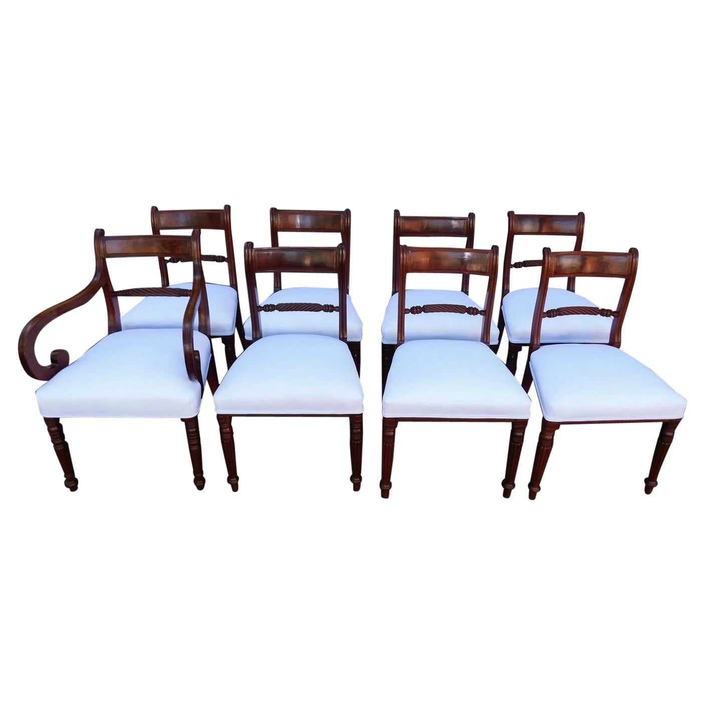 English Regency Set of Eight Mahogany Dining Room Chairs W/ Reeded Legs C. 1810